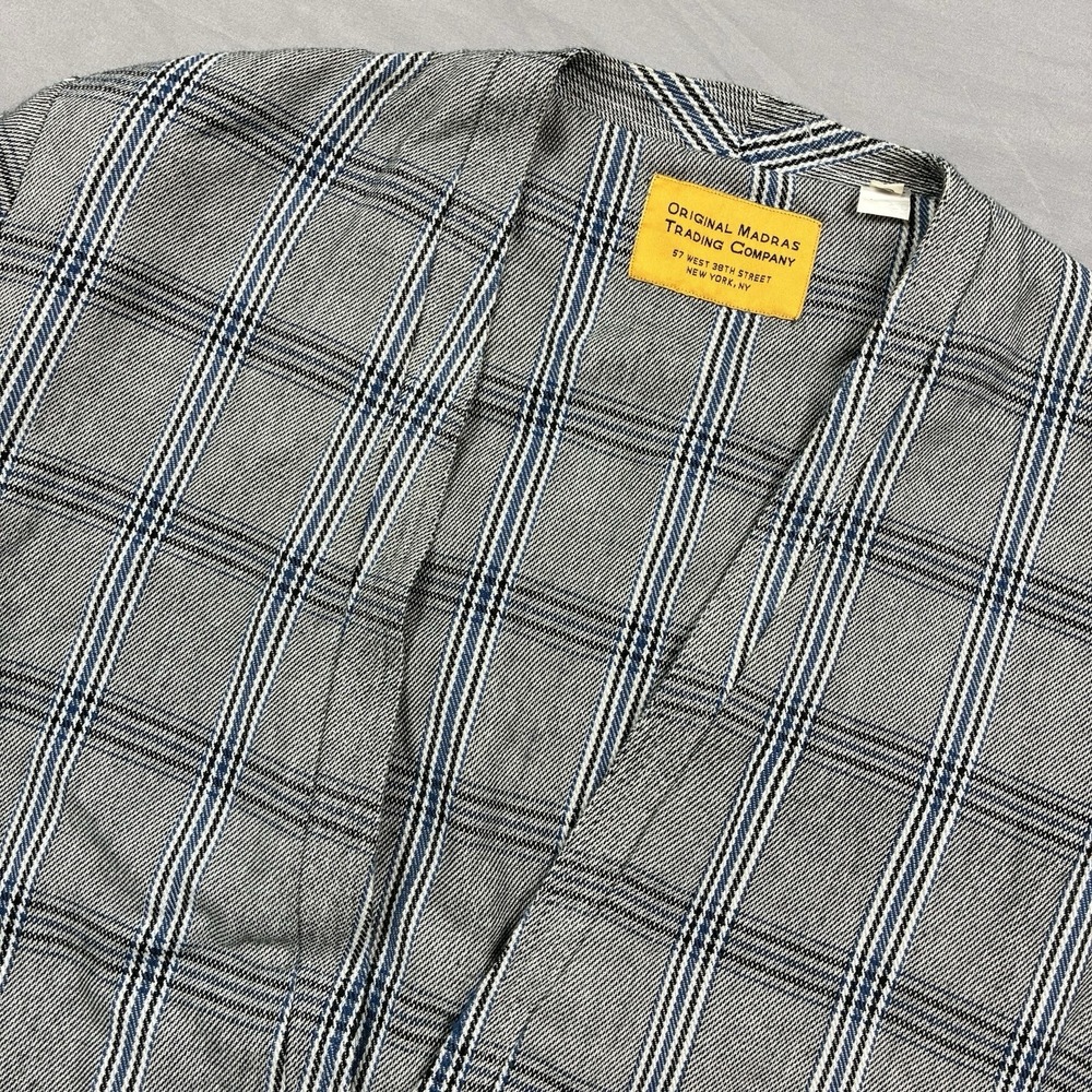 Original Madras Trading Co. Jacket Cardigan Gray Blue Plaid Check Medium Cotton